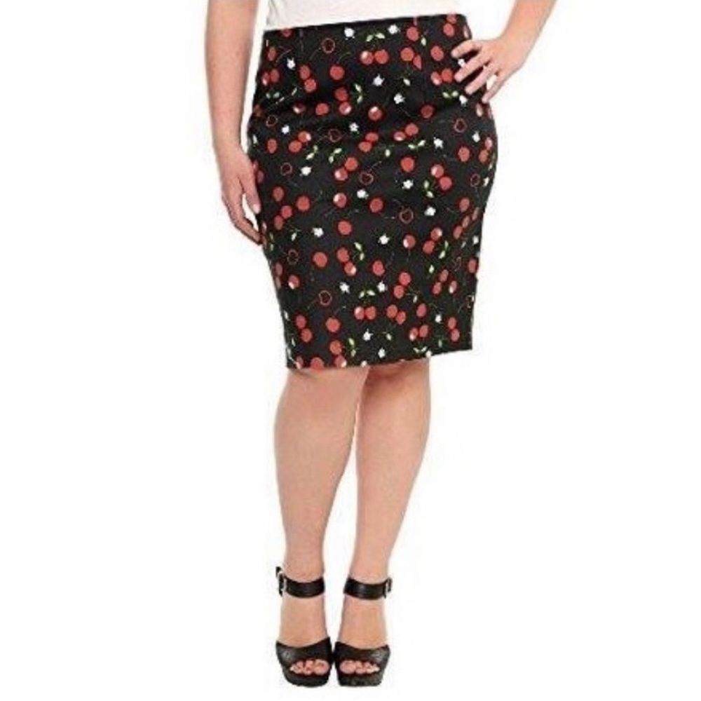 Tripp NYC Cherry Print Stretch Pencil Skirt Black Red Rockabilly Women’s Size 16
